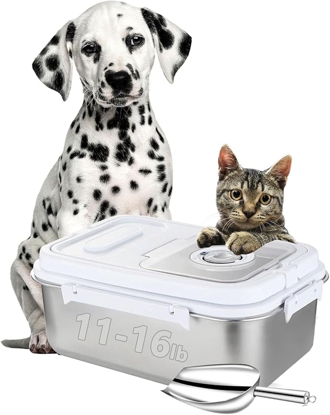 Sanbo Dog Food Storage Container Stainless Steel with Scoop, Airtight Pet Metal Food Storage Bin,Cat Food Canister,Storage Box with Date Tracker for Kitchen (Sliver, 7.5L)