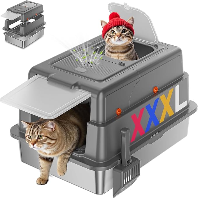 Stainless Steel Litter Box with Lid, 28" XXXL Large Cat Litter Box Enclosure for Multiple Cats, Odor Control with Carbon Filters, Anti-Leak High Sided, Includes Removable Lid & Scoop, Dark Gray