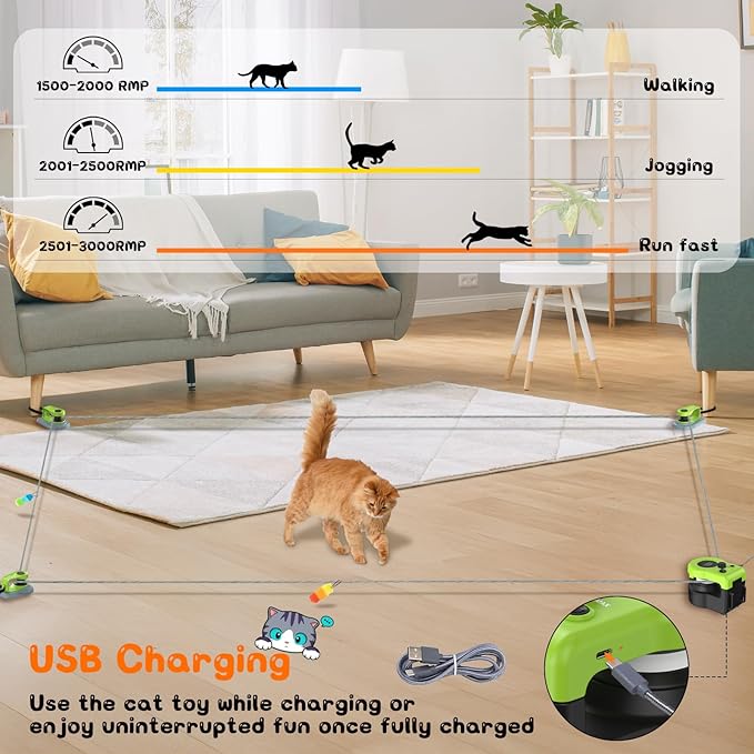 Interactive Cat Toy for Indoor - Automatic Cat Treadmill with Remote Control, 3 Speeds, Quiet Motor & Durable Design | Indoor Chase Hunting Feather Toys for Fitness, Playtime & Energy Release (Green)