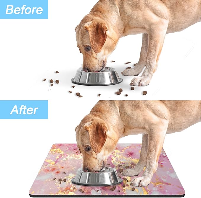 Rnivvi Dog Food Mat, 12" x 19" Absorbent Dog Cat Bowl Mat for Food and Water, Cute Anti-Slip Rubber Pet Feeding Rug Protect Floors, Puppy Placemat for Feeding & Watering Supplies, Pink Gold