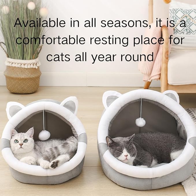 Cat Bed Cave with Removable Cushion, Indoor Pets Plush House Bed with Pompom for Small Dogs Cats Kitten Puppy Rabbits (Green,S)