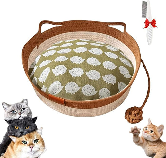 Stimulicat Cat Bed, Stimulicat Handwoven Cat Basket, Foldable Round Cotton Rope Cats Beds with Toy Tail and Built-in Scratching Pad, Scratch Resistance Easy to Clean (Brown+Cushion, Large)