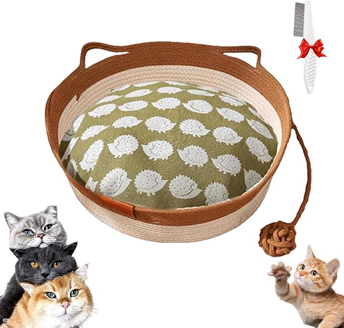 Stimulicat Cat Bed, Stimulicat Handwoven Cat Basket, Foldable Round Cotton Rope Cats Beds with Toy Tail and Built-in Scratching Pad, Scratch Resistance Easy to Clean (Brown+Cushion, Medium)