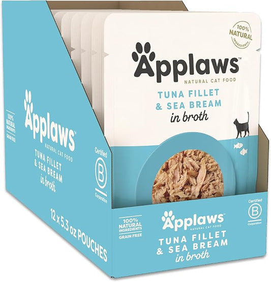 Applaws Natural Wet Cat Food in Broth, Limited Ingredient Wet Cat Food Pouches, No Additives, Made with Natural Ingredients, Tuna Fillet with Seabream in Broth (12 x 5.3oz Pouches)