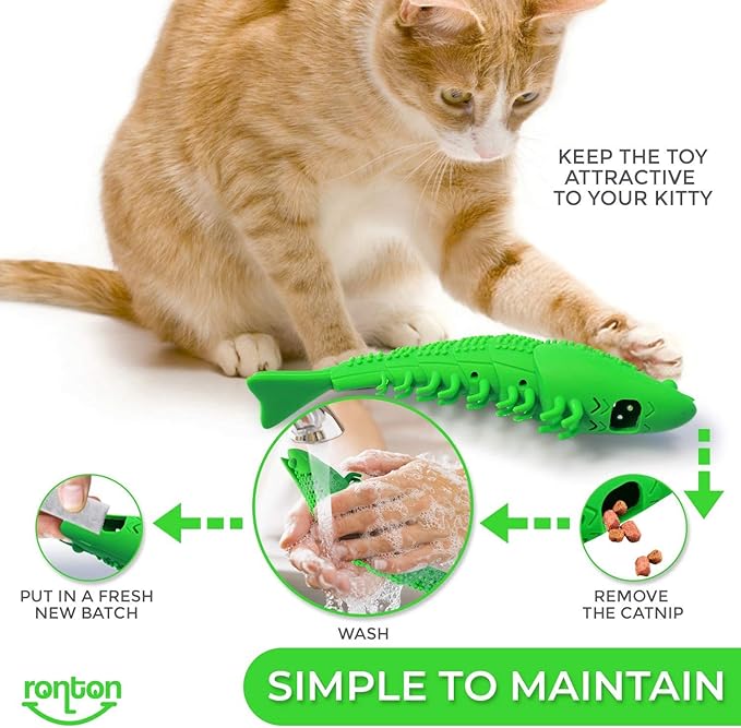 Ronton Cat Toothbrush - Durable Hard Rubber Cat Dental Care, Interactive Toothbrush Chew Toy (1 Pack Green (Shrimp))