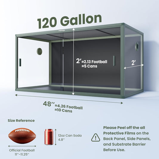 120 Gallon Bearded Dragon Tank,48" x 24" x 24" Reptile Tank with Sliding Door Top Screen Ventilation, Front Opening Reptile Enclosure for Easy Maintenance