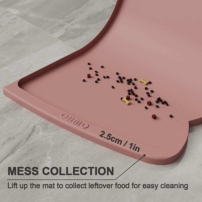 OHMO Dog Food Mat(Rose, 24 * 15'') w/Residue Collection Pocket Silicone Pet Feeding Mat for Floor High Edges Anti Spills Waterproof Cat Water Bowl Tray, Easy Clean Placemat