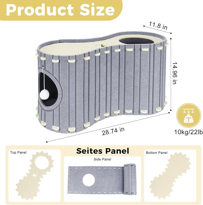 Babepets Cat House for Indoor Cats, Large Felt Bed Cave with Ball Hanging, Foldable Cat Condo, Scratch Resistant Peekaboo Hideaway for Multiple Pets up to 20Lbs, Cat Tunnel Enclosed Bed, Grey