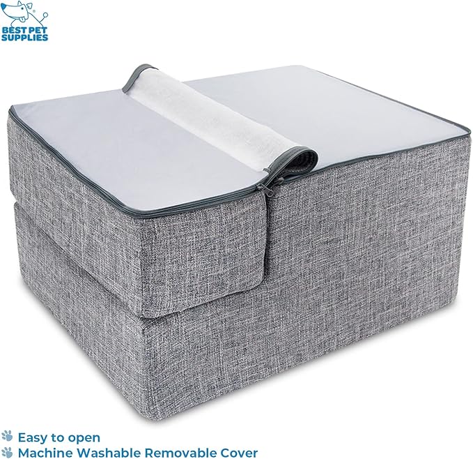 Best Pet Supplies Dog Stairs & Steps - Foam Steps for Small Dogs & Cats, Non-Slip Indoor Balanced Pet Step Support, Dog Ramp, No Assembly, Ash Gray Linen, Foldable 3-Step (16.5-inch Height)