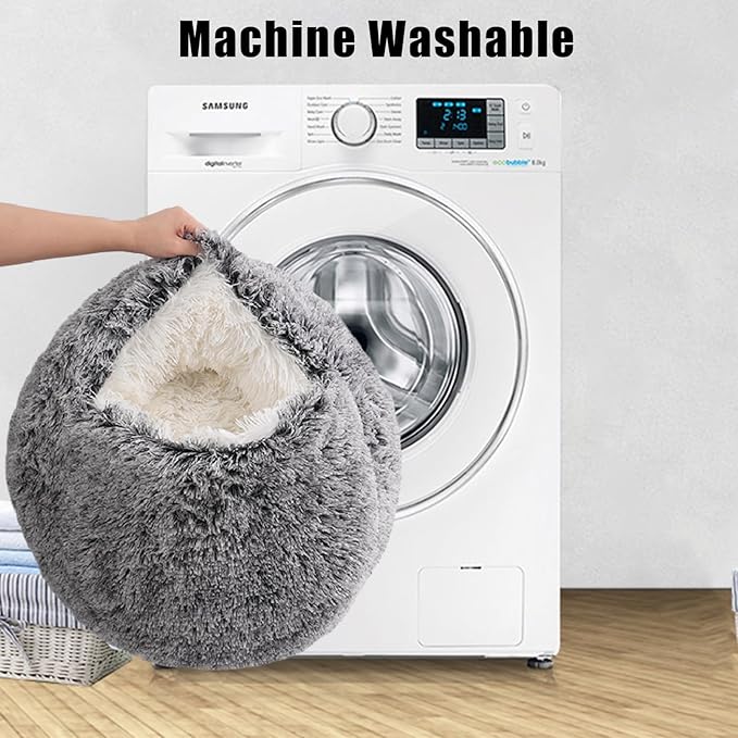 Round Hooded Cat Bed & Dog Bed with Cover Cave, Dog Bed for Small Dogs, Faux Fur Cuddler Round Coved Cat Bed Self Warming Donut Dog Bed Fits up to 12 lbs Pets (Gray, 20inch x 20inch)