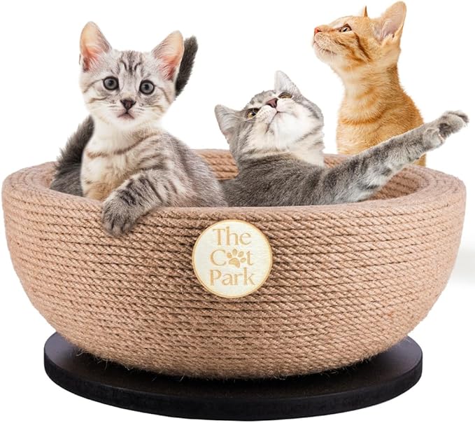 Da Bowl – 2-in-1 Sisal Cat Scratcher Bed with Catnip & Solid Wood Base for Indoor Cats, Round Scratching Nest, Jute Scratching Lounge Couch, Durable Pre-Assembled Cat Furniture, 13.8x5.9