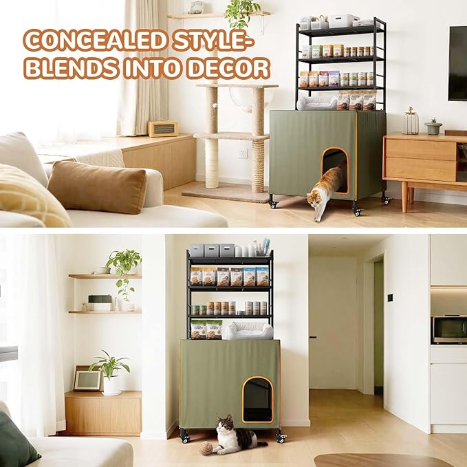 Lekereise Large Hidden Litter Box Furniture, Cat Litter Box Enclosure with Removable Waterproof Cover, Kitty Litter Box Furniture with 3-Tier Adjustable Shelves Storage and Wheels (70.87”H, Green)