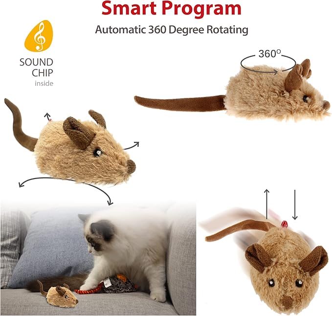 Gigwi Interactive Cat Toys for Indoor Cats, Cat Mouse Toys 2 Pcs with Electronic Realistic Squeaky Sound, Automatic Moving Kitten Toys Electric Mice Toy Self Play Exercise(Brown & Orange Ears)