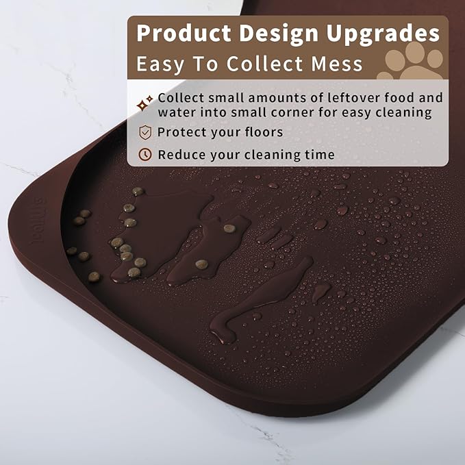 Silicone Pet Feeding Mat with Raised Edge & Residue Collection Pocket for Food and Water, Dog Bowl Mats, Cat Bowls Placemat with High Lip for Floor Waterproof, 24 x 16 x 0.8 Dark Brown