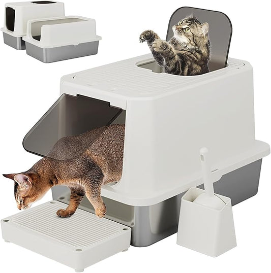 RIZZARI Stainless Steel Cat Litter Box, Leak Proof Litter Box with High Edges, Large Odorless Litter Pan with for Small to Large Cats (Beige)