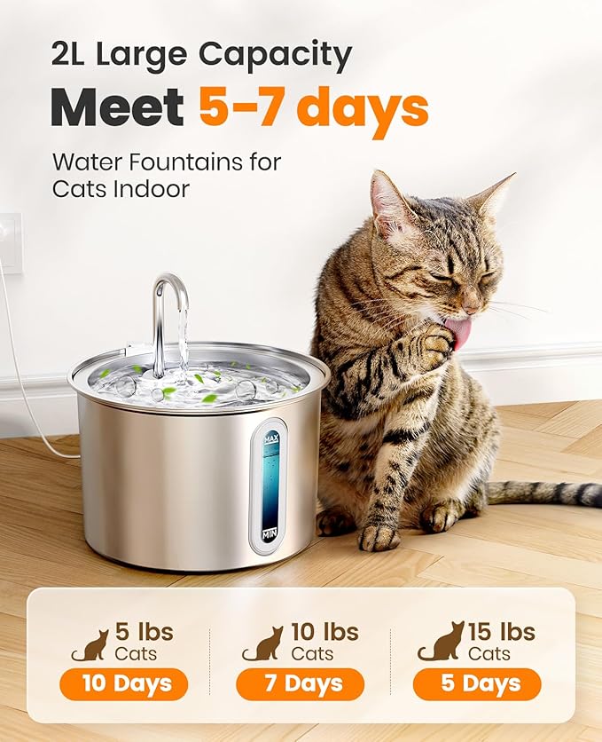 oneisall Stainless Steel Cat Water Fountain, 2L Water Fountains for Cats Indoor with Quiet Pump and 3 Replacement Filters, Pet Water Fountain Faucet Spout Design Cat Fountain Drinking Inside, PWF 001