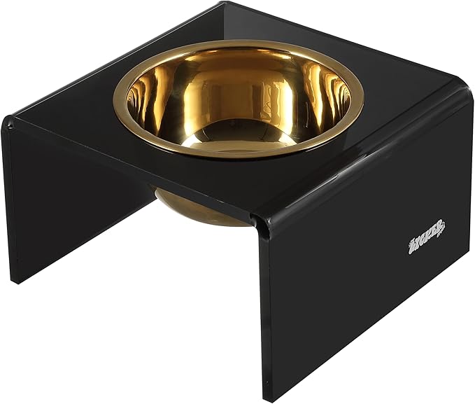 THE LICKER STORE DBL2002B Keaton 5" Small/Medium Modern Acrylic Rectangular Elevated Pet Feeder with 20oz 1-Stainless Steel Bowl, Black/Gold