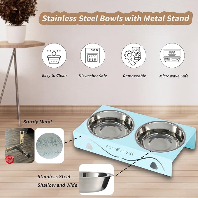 2 Pack Cat Food Bowls - Indoor Set with Metal Stand,5° Tilted Anti Vomiting Wide Raised Pet Dish, Cute Elevated Cat Feeding Station for Food Water, 4 Stainless Steel Bowls for Kitten, Puppy,Blue