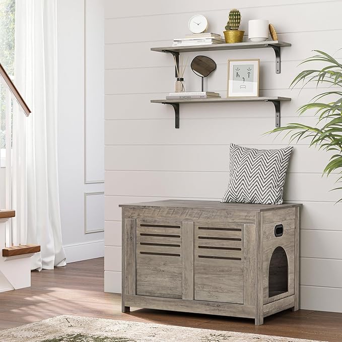 DINZI LVJ Litter Box Enclosure, Flip Top Litter Box Furniture, Good Ventilation, Hidden Cat Washroom, 27.6" L x 19.7" W x 19.7" H, Entrance Can Be on Left or Right, Wooden Cat House, Gray Wash