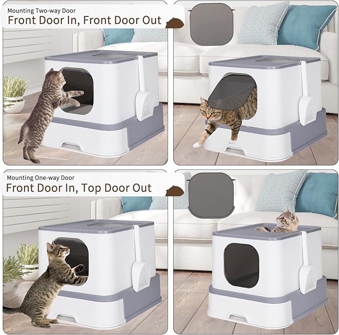RIZZARI Large Enclosed Cat Litter Box : Covered Leak-Proof Reduces Odor - for Indoor Use Cat Owners (Light Gray)