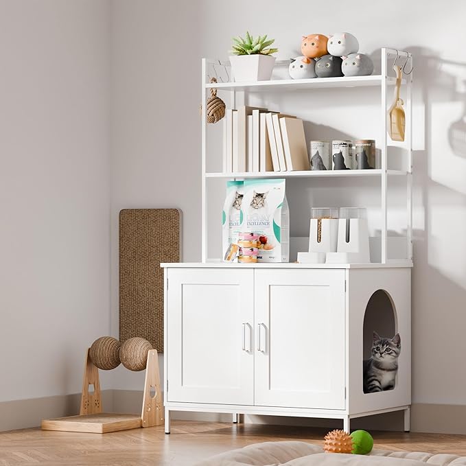 Cozy Castle Litter Box Enclosure, 57'' Cat Litter Box Furniture with Large Cabinet, Shelves and 4 S-Hooks, Hidden Cat House for Most of Litter Boxes, Wooden Pet Washroom Indoor, White