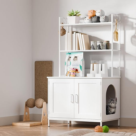 Cozy Castle Litter Box Enclosure, 57'' Cat Litter Box Furniture with Large Cabinet, Shelves and 4 S-Hooks, Hidden Cat House for Most of Litter Boxes, Wooden Pet Washroom Indoor, White