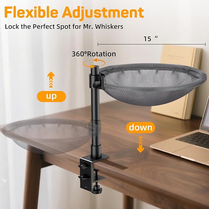 Cat Desk Bed & Perch - Breathable Soft Mesh Cat Hammock Nest for Home Office Desk, 360° Flexible Adjustable, Holds Up to 60 lbs for Gaming/Study Table (Grey)