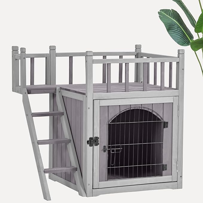Cat House Outdoor or Indoor, Wooden Feral Cat Shelter with Large Balcony and Stairs, Kitty House with Lockable Wire Door