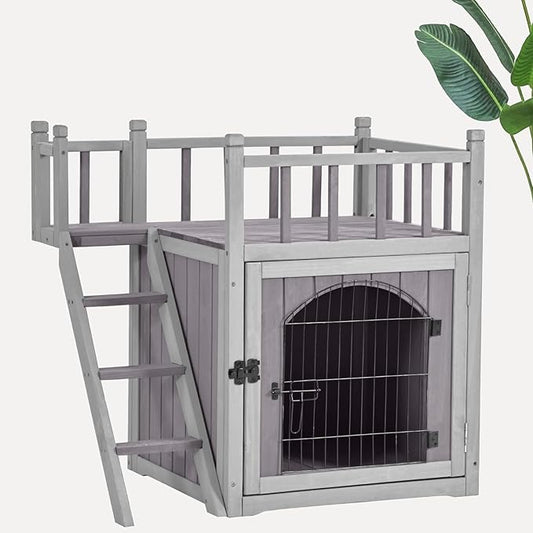 Cat House Outdoor or Indoor, Wooden Feral Cat Shelter with Large Balcony and Stairs, Kitty House with Lockable Wire Door