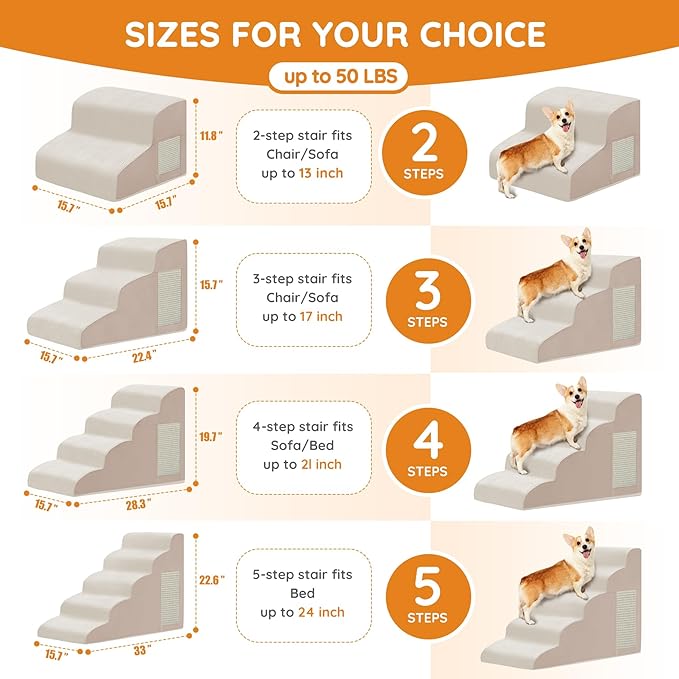 Pet Stairs for Small Dogs - 3-Step Curved Dog Ramp for Bed, Couch, Sofa, Car and Chairs - Non-Slip Bottom Design - Cat Scratching Board - High Density Foam Portable Pet Step - Beige