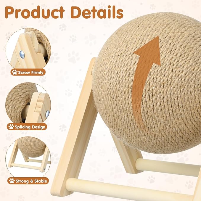 Sisal Rope Cat Scratching Ball - Cats Scratching Toy Kitten Interactive Wood Scratcher Pet Supplies - Brown Pet Scratcher Board Toys for Indoor Outdoor Multi-Occasion Use, 8.7x7.1x6.3in