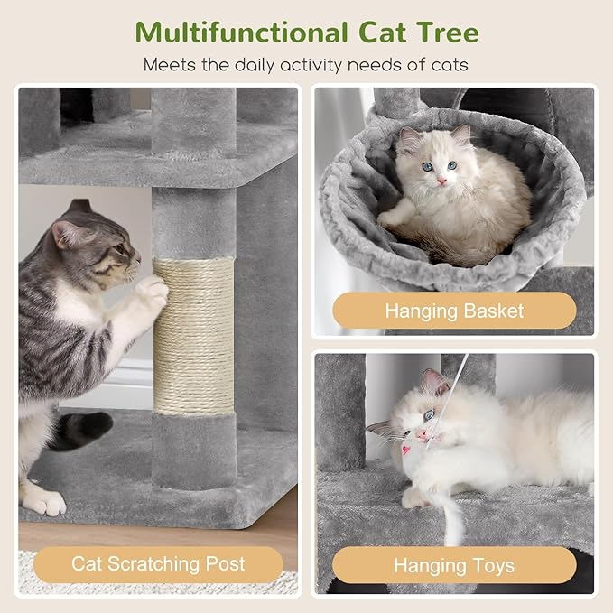 Globlazer Corner Cat Tree 66 inch Multi-Level Climbing Tower Kitty Condos Cat Scratching Tower for Indoor Multiple Cats with Large Platform, 3 Cat Caves, F66, Light Grey