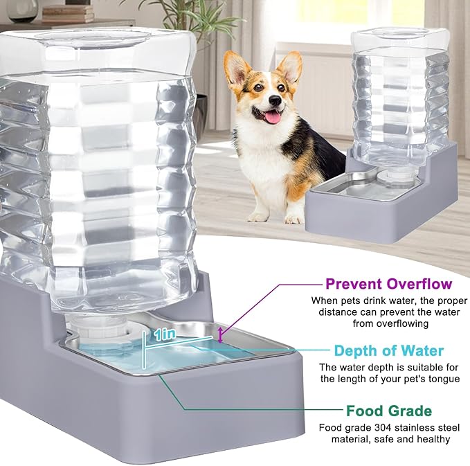 Sfozstra Automatic Dog Water Dispenser: 8L Large Gravity Light Gray Waterer with Stainless Steel Bowl - 100% BPA-Free - Suitable for Pet Owners Garden/Apartment