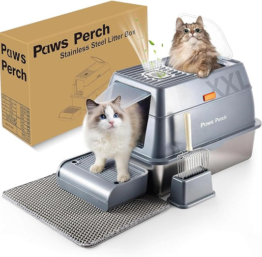 Stainless Steel Metal Cat Litter Box Large Enclosed with Lid, Dog Proof Jumbo Hooded High Sides for Big Cats, Indoor Multi Cat Use - Deep Design & No Smell