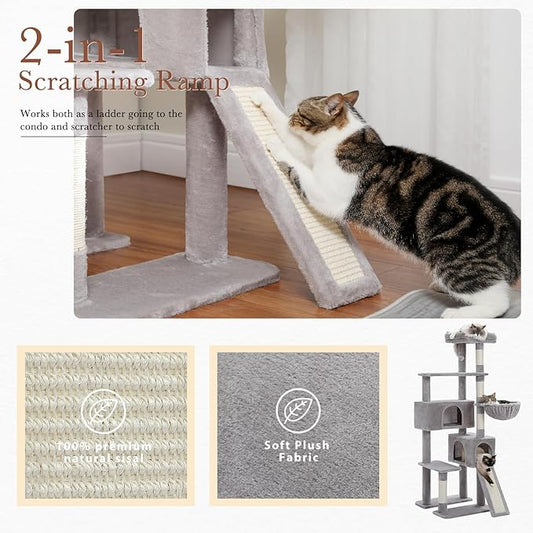 PAWZ Road Cat Tree, 60 Inches Cat Tower with Dual Condos, Spacious Perch, Cozy Basket and Sisal-Covered Scratching Posts for Indoor Cats- Gray