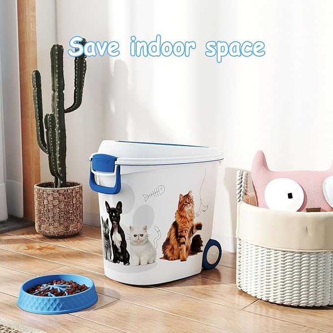 Pet Food Storage Container with Scoop & Slow Feeder Bowl – 40LB Large Capacity Dog Cat Food Dispenser, Durable Resin Dry Kibble Keep Food Fresh Organizer for Dogs Cats Birds, Blue