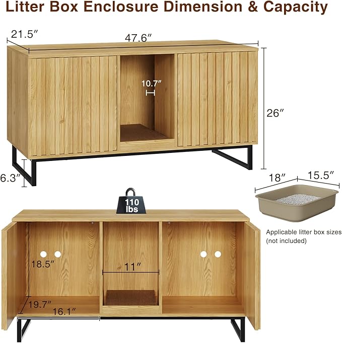 Cat Litter Box Enclosure for 2 Cats, 47.6’’ Litter Box Furniture Hidden with Scratch Pad, Double Room Large Cat Cabinet, Indoor Pet House TV Stand Side Table,Cats Washroom, Natural