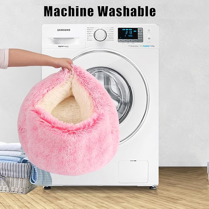 Round Hooded Cat & Dog Bed with Cover Cave, Faux Fur Cuddler - Self Warming Donut Bed Fits up to 12 lbs Pets (Pink, 20" x 20")