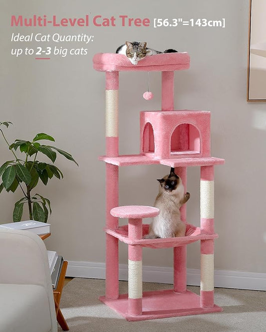 Cat Tree for Large Cats with Metal Plush Big Hammock, 56.3" Cat Tower for Indoor Cats with 2 Door Condo House, 6-Tier Cat Shelves with Scratching Posts and Large Top Perch, Pink