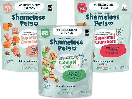 Shameless Pets Crunchy Cat Treats - Kitty Treats for Cats with Digestive Support, Natural Ingredients Kitten Treats with Real Ingredients, Healthy Flavored Feline Snacks - Variety Pack, 3-Pk