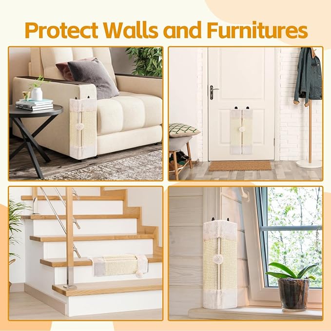 2-Pack Wall Corner Cat Scratcher for Indoor Cats - Wall Mounted Sisal Scratching Pad with Hanging Ball - Vertical Corner Wall Mount Scratch Panel, Protector for Wall Corner