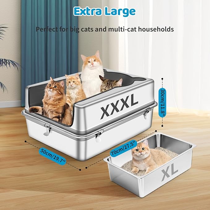 Extra Large Stainless Steel Cat Litter Box, 28" L x 19.7" W x 12" H XXXL Semi Enclosed Removable Metal Litter Tray with High Sided Enclosure, Scoop, Anti-Leakage, Non-Sticky, Easy Cleaning