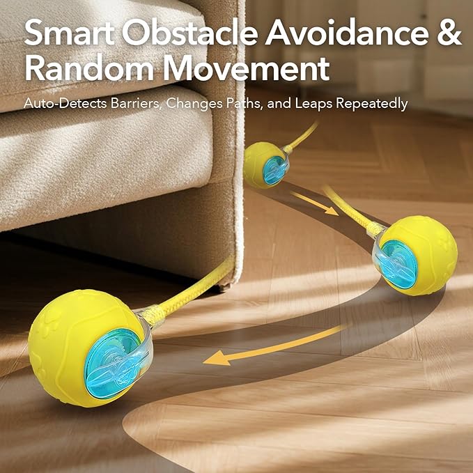 Automatic Cat Toy - Interactive Self-Moving Ball with Feather & Speedy Tail 3.0 Design, Electric Chase Toy for Cats, USB Rechargeable, Smart Obstacle Avoidance (Yellow, Feather)