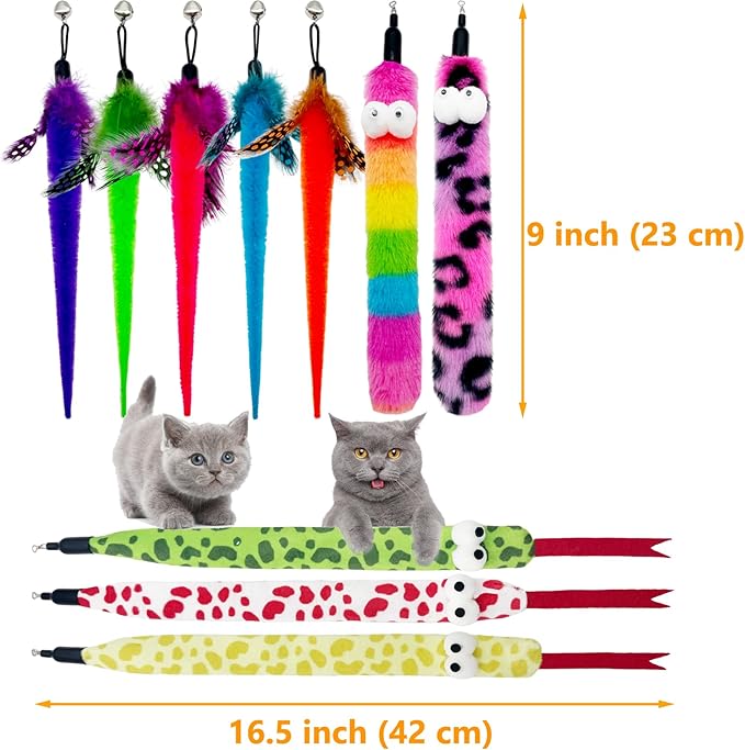 Cat Wand Replacement Feather Worm Snake, 10 Pieces Cat Wand Attachments Assorted Snakes Worms Feathers Refill Toy for Indoor Cats (A)