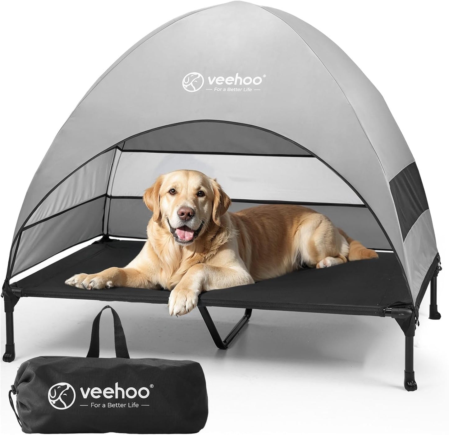 Veehoo Outdoor Dog Bed with Canopy, Cooling Elevated Pet Cot with Removable Shade, Non-Slip Feet, Raised Dog Cot for Large Dogs, Pet Tent Bed for Camping, Beach, XLarge, Black + Grey, CWC2411