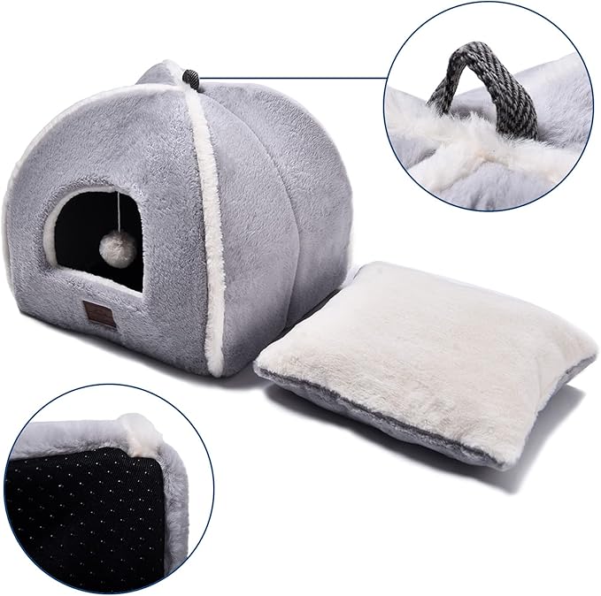 Cat Bed for Indoor Cats - Cat House Cats Tent with Removable Washable Cushioned Pillow, Soft and Self Kitten beds,Pet Bed, Grey,15inches
