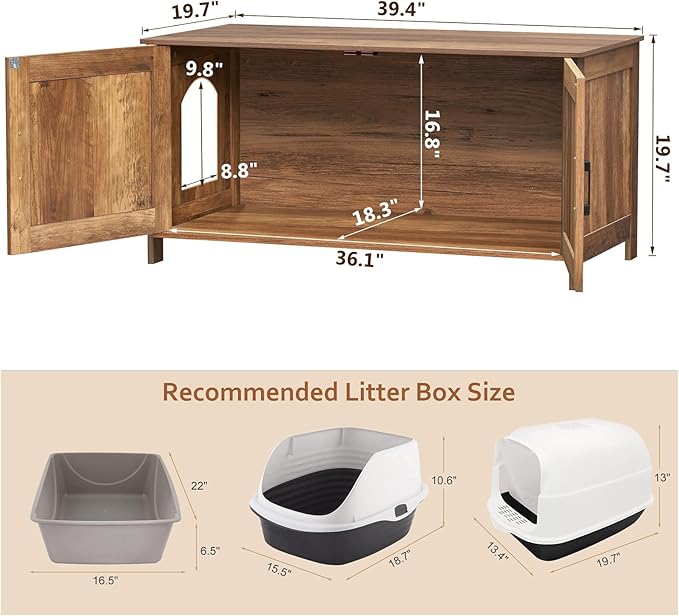 Homhedy 39.4" L Cat Litter Box Enclosure, Pet House with Barn Door,Wooden Cat Washroom Furniture,Fit Most of Litter Box, Rustic Walnut