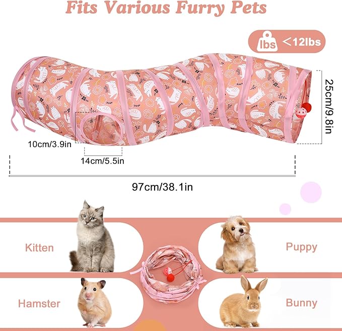 Pawaboo Cat Tunnel, S-Shaped Cat Tube Tunnel 25 * 97cm(9.8''*38.2'') with Balls and Bells, Collapsible Portable Kitten Play Tent Toy Interactive Cats House with Peep Holes for Kitty, Pink Kitties