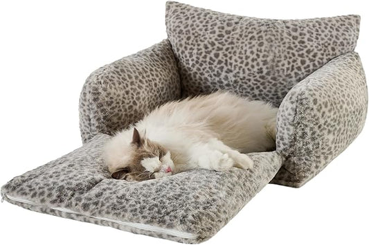 Hollypet Cat Bed Fluffy Plush Mutifuctional Double-Layer Soft Pet Couch Orthopedic Sofa Nest Beds for Small Cats and Dogs, Snow Leopard (25x20x13 inch)