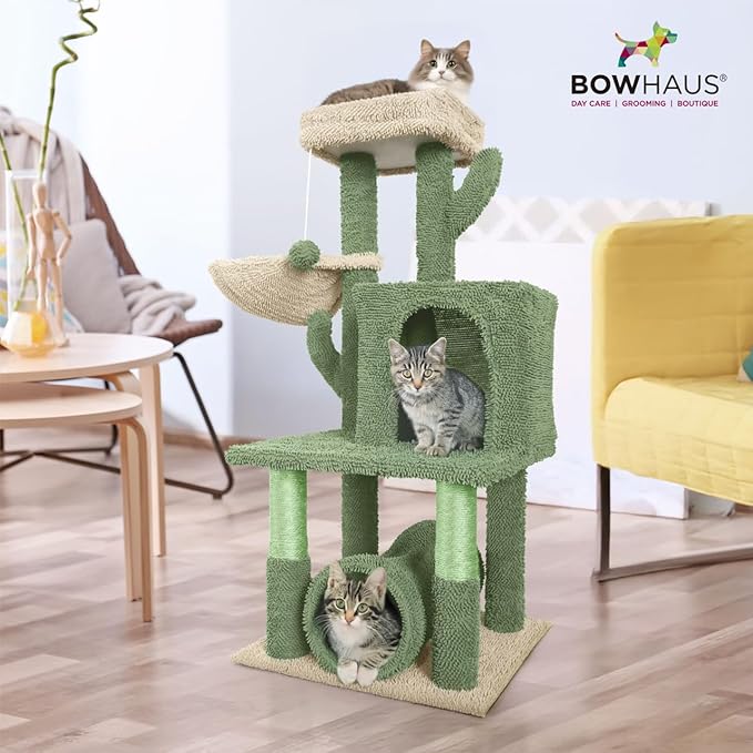 CAPHAUS Cactus Cat Tower for Indoor Cats, Cute 40-Inch Small Cactus Cat Tree w/Widened Perch for Large Cats & Kittens, Multi-Level Cat Activity Tree w/Scratching Post, Tunnel, Basket, Cat Cave Condo